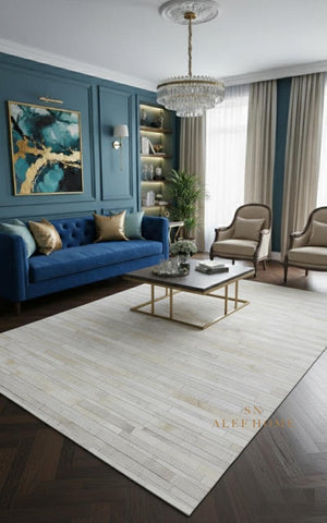 Ivory White Striped Cowhide Rug – Handmade Hair-On Patchwork Leather Area Carpet for Modern Home - Alef home