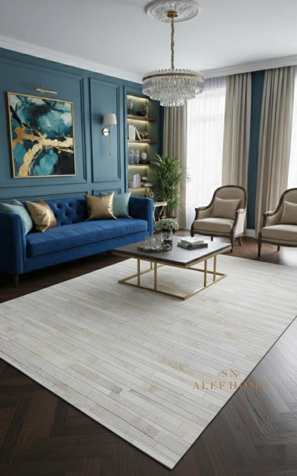 Ivory White Striped Cowhide Rug: Handmade Patchwork Hair-On Leather Carpet For Home