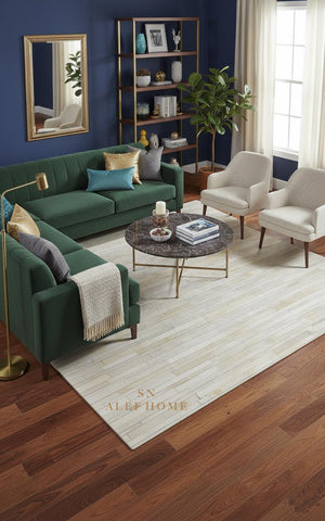 Ivory White Striped Cowhide Rug – Handmade Hair-On Patchwork Leather Area Carpet for Modern Home - Alef home