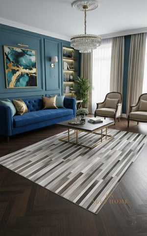 Handcrafted Grey Striped Cowhide Rug 8x10: Modern Patchwork Leather Carpet For Home