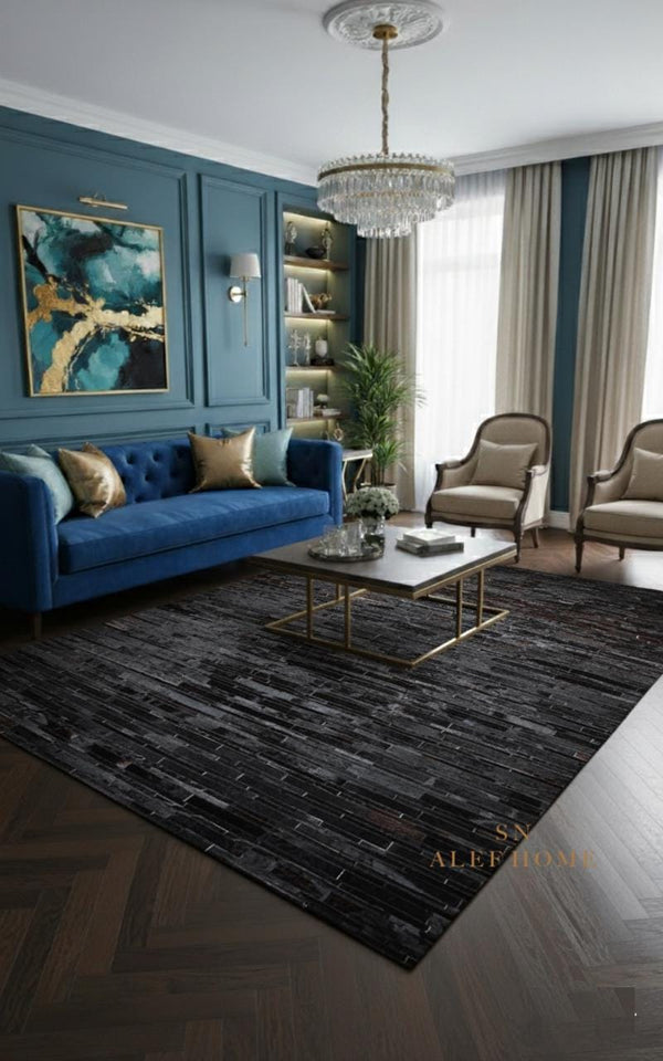 Black Cowhide Patchwork Rug – Handmade Hair-On Leather Carpet for Modern Minimalist Living Room Decor - Alef home