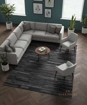 Black Leather Patchwork Rug – Handmade Hair-On Cowhide Carpet for Modern Living Room Décor - Alef home