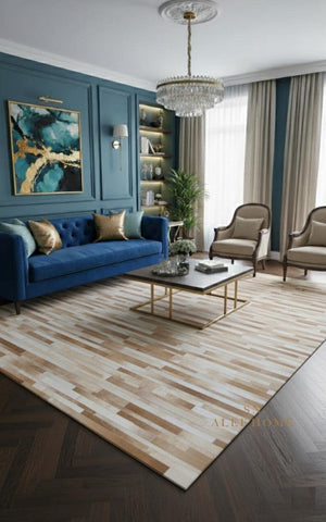 Handmade Beige Striped Cowhide Patchwork Rug : Hair-On Leather Carpet Modern Home Decor