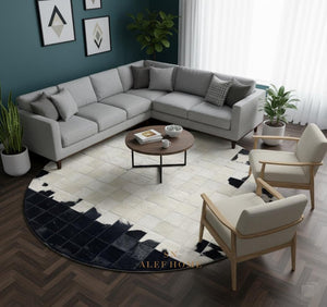 Round Cowhide Patchwork Rug – Handmade Black White Natural Hair-On Leather Carpet for Home Decor - Alef home