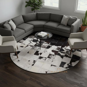 Handmade Cowhide Patchwork Rug: Round Black & White Leather Carpet