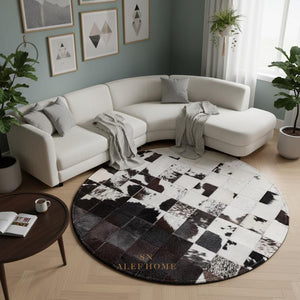 Handmade Cowhide Patchwork Rug: Round Black & White Leather Carpet