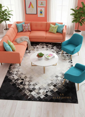 Black and White Cowhide Patchwork Rug: Handmade Hair-On Leather - Alef home