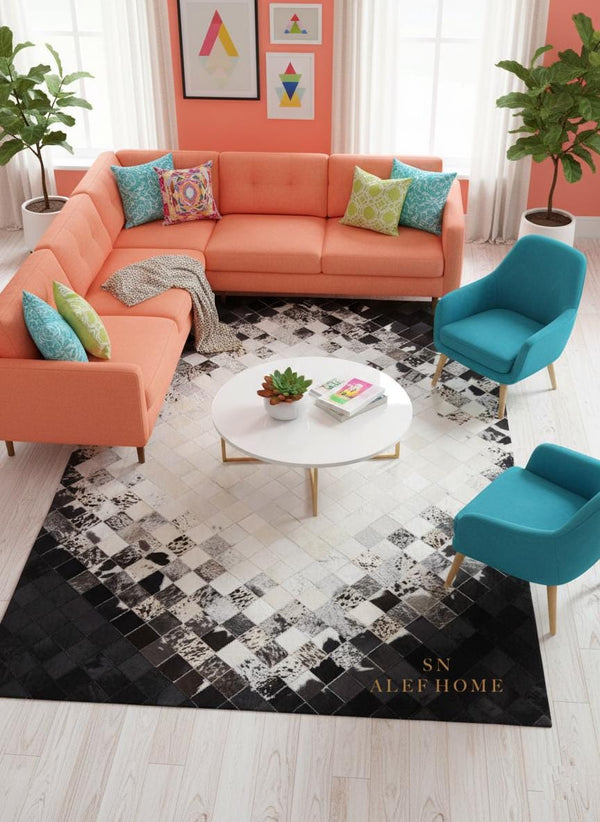 Black and White Cowhide Patchwork Rug: Handmade Hair-On Leather - Alef home