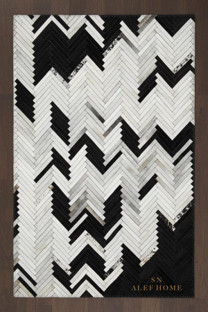 Handmade Black and White Cowhide Chevron Rug – Hair-On Patchwork Leather Carpet for Home - Alef home
