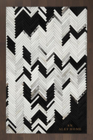 Handmade Black & White Cowhide Chevron Rug - Hair-On Leather Carpet - Alef home