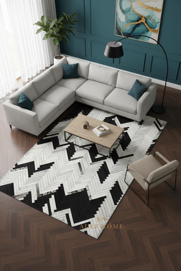 Handmade Black & White Cowhide Chevron Rug - Hair-On Leather Carpet - Alef home