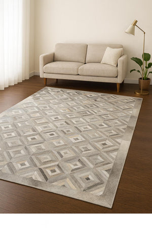 Handmade Grey Cowhide Patchwork Rug: Geometric Hair-On Leather - Alef home