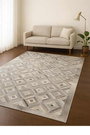 Handmade Grey Cowhide Patchwork Area Rug: Geometric Hair-On Leather Carpets For Home - Alef home