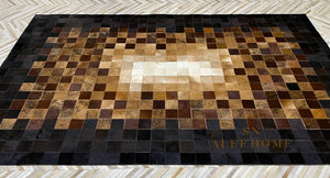 Handmade Cowhide Patchwork Rug: Gradient Brown & Beige Leather Carpet - Alef home