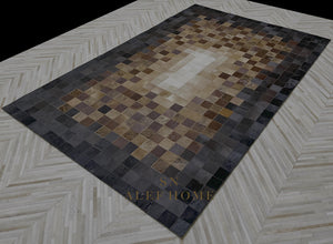 Handmade Cowhide Patchwork Rug: Gradient Brown & Beige Leather Carpet