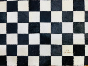 Handmade Cowhide Checkerboard Rug: Black & White Hair-On Leather Carpet - Alef home