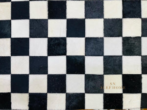 Handmade Cowhide Checkerboard Rug: Black & White Hair-On Leather Carpet - Alef home