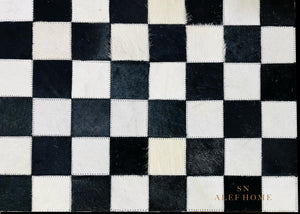 Handmade Cowhide Checkerboard Rug: Black & White Hair-On Leather Carpet - Alef home