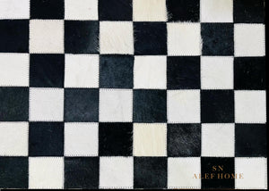 Handmade Cowhide Checkerboard Rug: Black & White Hair-On Leather Carpet - Alef home