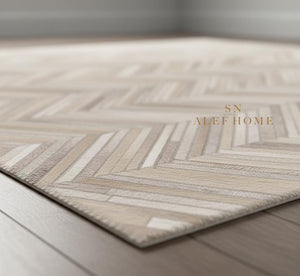 Handmade Beige Chevron Cowhide Rug 8x10: Modern Leather Patchwork Carpet - Alef home
