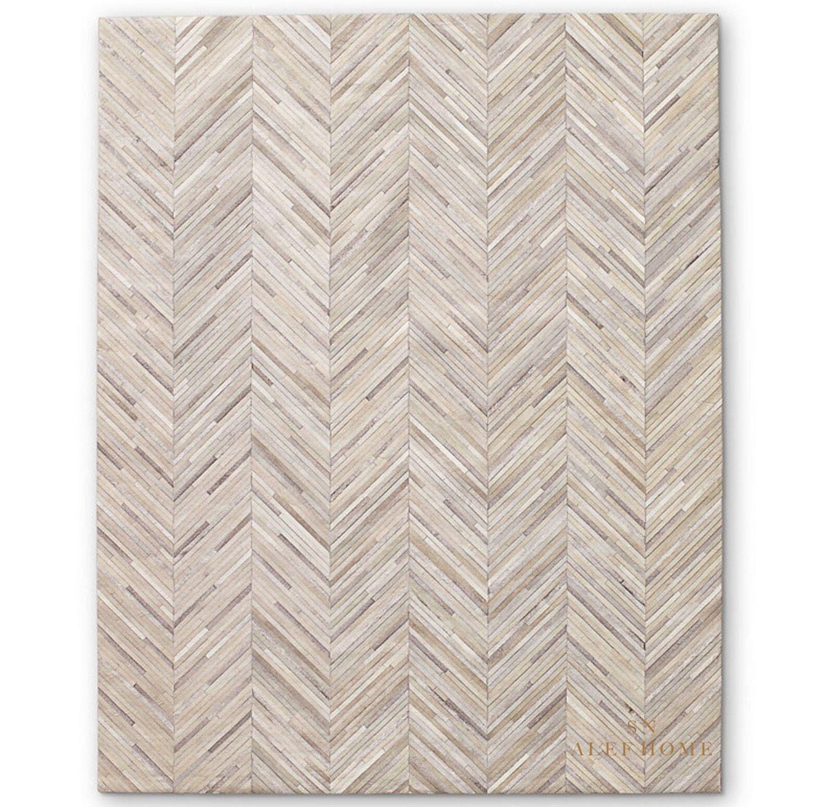 Beige Chevron Leather Carpets – Handmade Cowhide Patchwork Area Rug For Living Room - Alef home