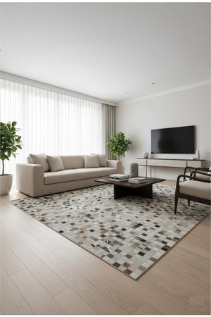 Multi Checkerboard Cowhide Rug – Handmade Hair-On Leather Patchwork Carpet for Modern Home Décor - Alef home