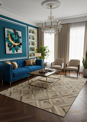 Handmade Cowhide Patchwork Rug: Geometric Hair-On Leather Carpet - Alef home