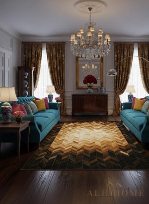 Chevron Cowhide Rug: Handmade Patchwork Leather Carpet - Brown & Black - Alef home