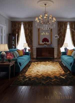 Chevron Cowhide Rug: Handmade Patchwork Leather Carpet - Brown & Black - Alef home