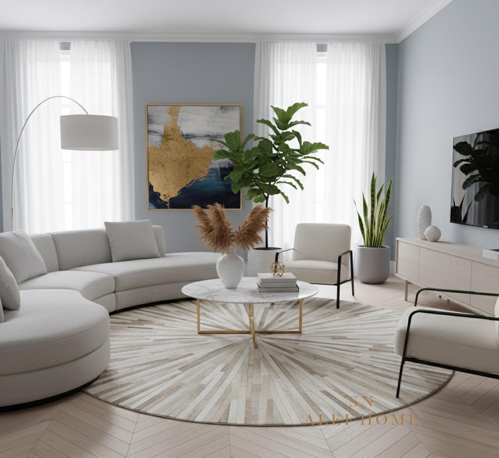 Handmade Beige Cowhide Rug: Round Leather Patchwork Carpet - Alef home