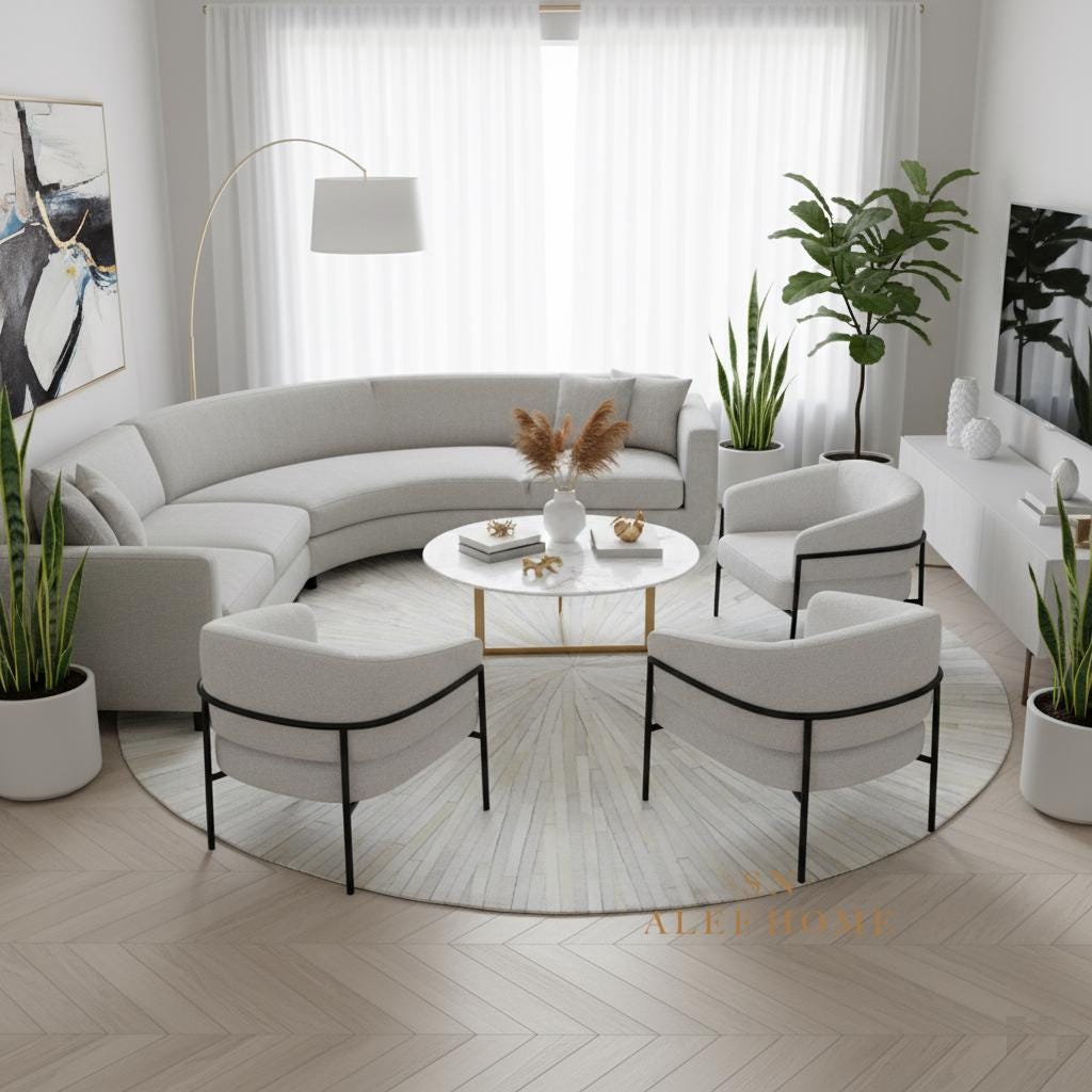 Ivory Round Cowhide Rug – Handmade Starburst Leather Patchwork Carpet for Modern Home Décor