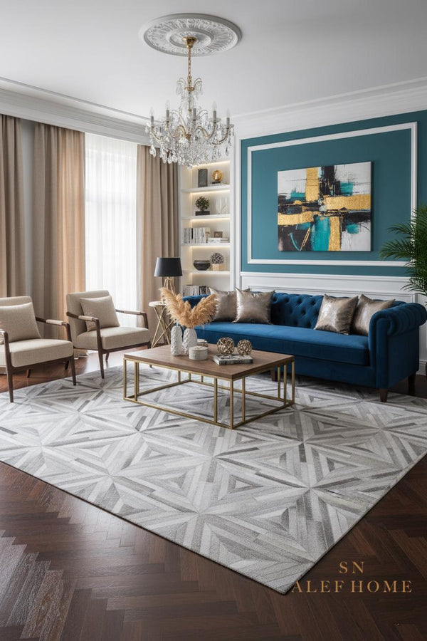 Grey Cowhide Starburst Rug – Handmade Hair-On Leather Patchwork Carpet for Modern Home Décor - Alef home