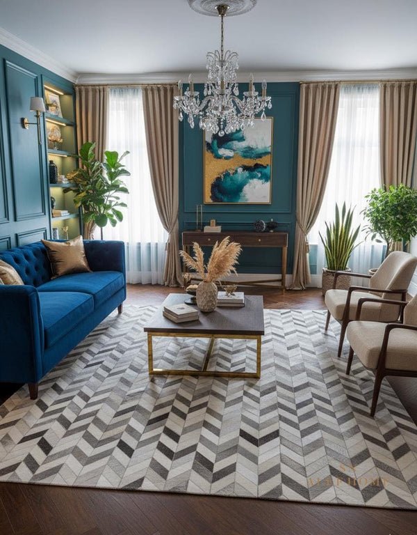 Handmade Chevron Cowhide Rug: Modern Patchwork Leather Area Carpet - Alef home