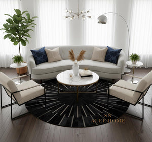 Black & Silver Cowhide Area Rug – Handmade Round Geometric Leather Patchwork Rug for Living Room