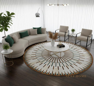 Handmade Cowhide Patchwork Rug: Round Hair-On Leather Carpet - Alef home