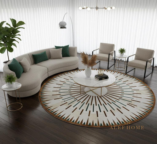 Round Cowhide Patchwork Rug – Handmade Hair-On Leather Area Carpet for Modern Home Décor - Alef home