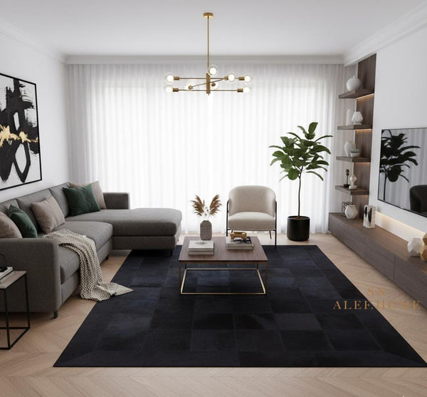 Handmade Black Cowhide Patchwork Rug: Modern Hair-On Leather Carpet - Alef home