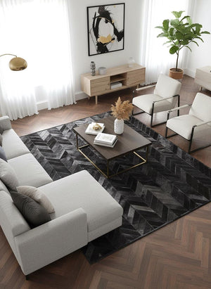 Black Chevron Cowhide Rug – Handmade Hair-On Leather Patchwork Carpet for Home - Alef home