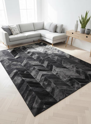 Black Chevron Cowhide Rug – Handmade Hair-On Leather Patchwork Carpet for Home - Alef home