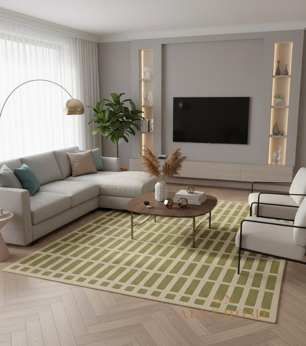 Handmade Olive Green Wool Rug: Modern Textured Grid Carpet - Alef home