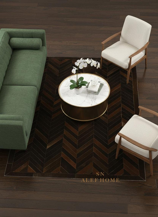 Handmade Brown Chevron Cowhide Rug: Hair-On Leather Patchwork Carpet - Alef home