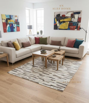 Grey Cowhide Patchwork Rug – Handmade Hair-On Striped Leather Carpet for Home - Alef home