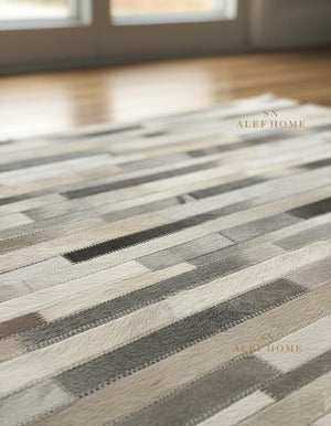 Grey Cowhide Patchwork Rug – Handmade Hair-On Striped Leather Carpet for Home - Alef home