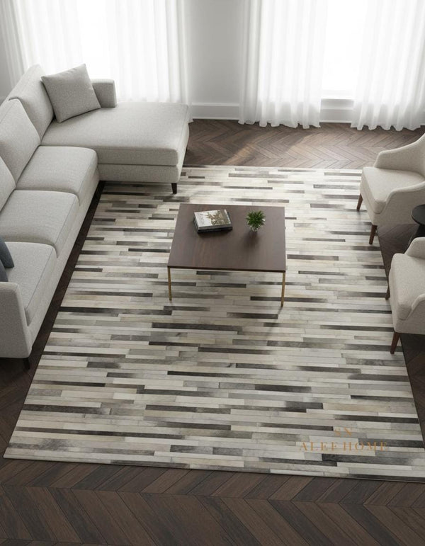 Grey Cowhide Patchwork Rug – Handmade Hair-On Striped Leather Carpet for Home - Alef home