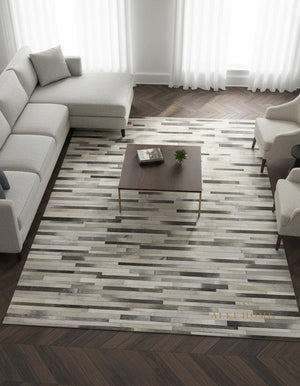 Grey Cowhide Patchwork Rug: Handmade Hair-On Leather Striped Carpet For Home - Alef home