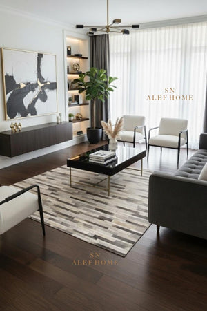 Grey Cowhide Patchwork Rug – Handmade Hair-On Striped Leather Carpet for Home - Alef home
