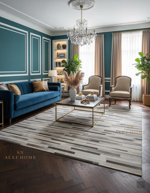 Grey Cowhide Patchwork Rug: Handmade Hair-On Leather Striped Carpet For Home - Alef home