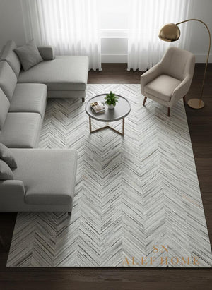 Light Grey Chevron Cowhide Rug – Handmade Hair-On Patchwork Leather Carpet for Modern Home Decor