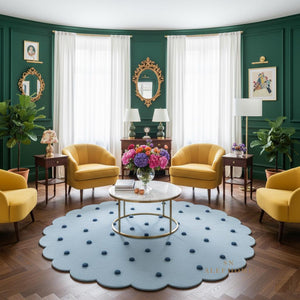 Handmade Wool Nursery Rug: Pastel Blue Polka Dot Scalloped Carpet - Alef home