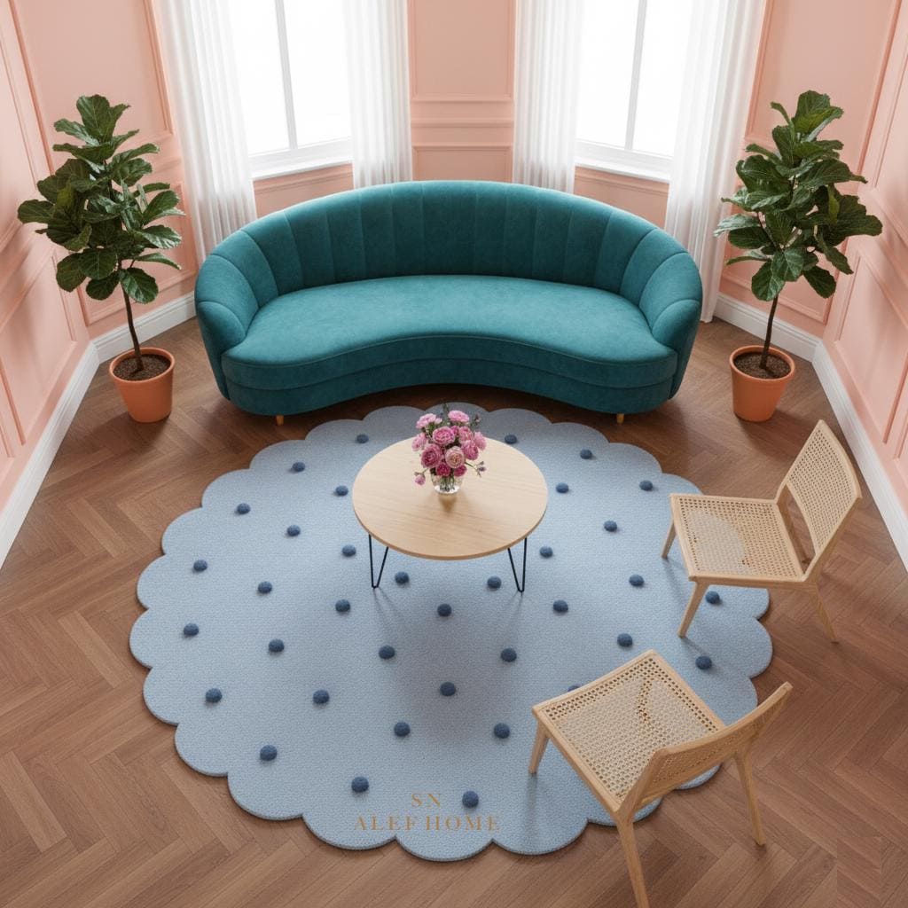 Handmade Wool Nursery Rug: Pastel Blue Polka Dot Scalloped Carpet - Alef home